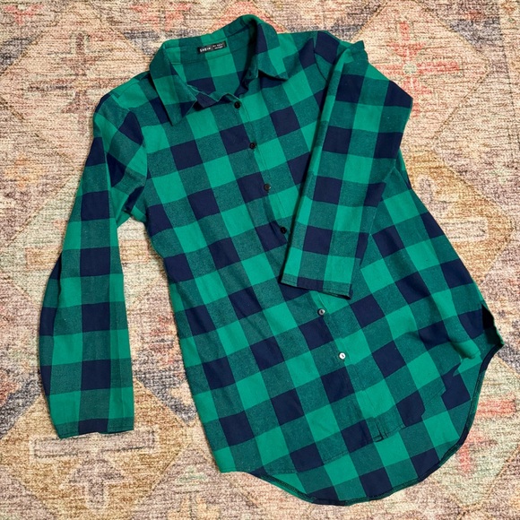 SHEIN Tops - Women’s SHEIN Green and Blue Plaid Long Button-Up Shirt- XL